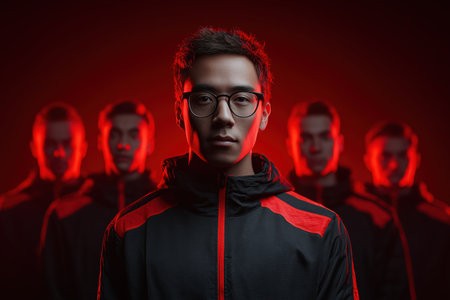 A confident young man stands in the foreground, wearing glasses and a sports jacket, with a dramatic red lighting effect. Behind him, multiple blurred figures create a striking visual contrast, emphasizing teamwork and competition. ai generated.の素材