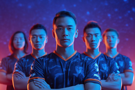 A group of five esports players stands confidently in a dramatic setting with vibrant lighting. They are wearing matching jerseys, showcasing teamwork and competitive spirit in the gaming world. ai generated.の素材