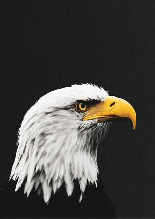 a striking close-up of an eagle's head showcasing its sharp features and intense gaze. The image captures the beauty and power of this magnificent bird against a dark backdrop. ai generated.の素材