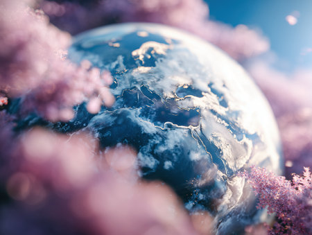 A stunning view of the Earth partially obscured by soft pink clouds, creating a dreamy atmosphere. This artistic representation evokes feelings of wonder and tranquility. ai generated.の素材