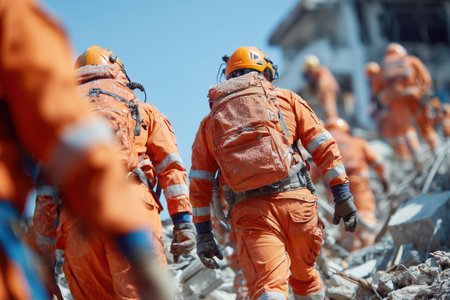 a group of rescue workers in orange uniforms navigate through debris at a disaster site. Their focus and teamwork highlight the importance of emergency response efforts. ai generated.の素材