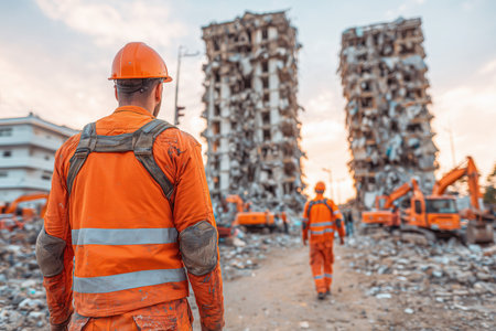 two construction workers in orange safety gear observe a demolition site with collapsed buildings. Heavy machinery is visible in the background, highlighting the aftermath of a construction project. ai generated.の素材