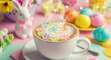 A festive easter latte adorned with colorful floral toppings sits on a pastel table. Surrounding the cup are decorative easter eggs and a cute bunny figurine, creating a cheerful spring atmosphere. ai generated.の素材