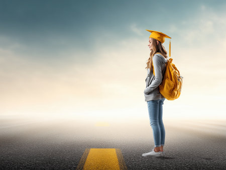 A young graduate wearing a cap and gown stands on a road, symbolizing new beginnings and opportunities. The scene conveys a sense of anticipation and hope for the future. ai generated.の素材