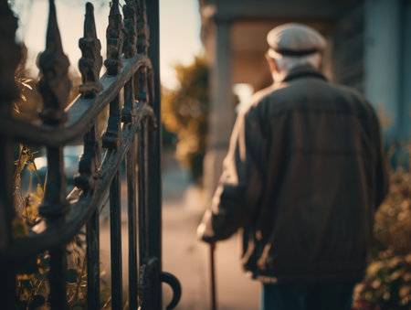 An elderly man walks with a cane near a decorative gate in a serene setting. The warm lighting creates a nostalgic atmosphere, highlighting the beauty of aging and the simplicity of everyday life. ai generated.の素材