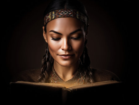 A woman with long hair and traditional attire is reading a book in a softly lit environment. The warm glow from the book illuminates her face, creating a serene and contemplative atmosphere. ai generated.の素材