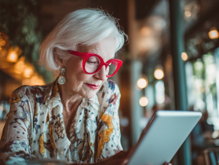 A stylish senior woman with white hair and red glasses is focused on her tablet in a cozy cafe setting. The warm ambiance enhances the scene of modern technology meeting traditional charm. ai generated.の素材