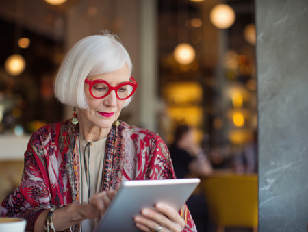 An elderly woman with stylish glasses is engaged with her tablet in a cozy cafe setting. The warm ambiance and her fashionable attire highlight a blend of technology and modern lifestyle. ai generated.の素材