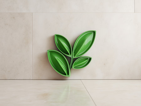 A modern representation of eco-friendly business featuring stylized green leaves against a neutral background. This image symbolizes sustainability and environmental consciousness in corporate settings. ai generated.の素材
