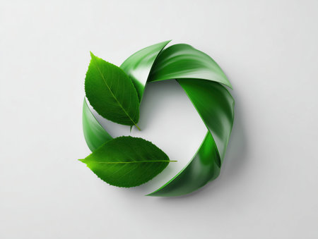 This image features a circular arrangement of green leaves and ribbons, symbolizing sustainability and eco-friendly practices. It represents the commitment to environmentally conscious business solutions. ai generated.の素材