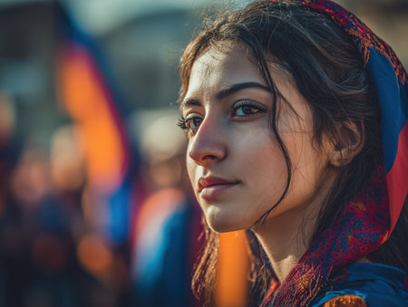 A young woman wearing traditional attire and a colorful scarf participates in a cultural event. Her expression reflects pride and cultural heritage amidst a vibrant background. ai generated.の素材