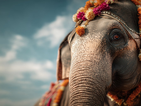 This close-up image captures the majestic features of a decorated elephant adorned with vibrant flowers. The serene background enhances the beauty of this magnificent animal. ai generated.の素材