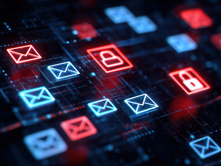 This image illustrates a digital concept of email security, featuring email icons and lock symbols in a futuristic design. The vibrant colors and abstract background emphasize the importance of cybersecurity in communication. ai generated.の素材