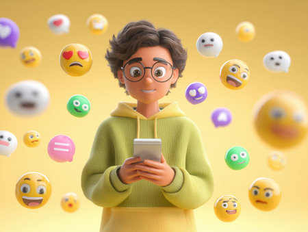 A young person stands with a smartphone, surrounded by various colorful emojis. The scene captures the essence of digital communication and emotional expression in today's social media landscape. ai generated.の素材