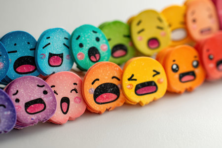 a vibrant collection of cartoon faces displaying a range of emotions. These playful characters feature bright colors and exaggerated expressions, making them ideal for children's themes and creative projects. ai generated.の素材