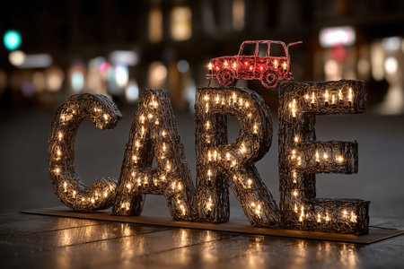 A creative display featuring the word 'care' illuminated with decorative lights, complemented by a small toy car on top. This image captures a warm and inviting atmosphere, perfect for themes of kindness and community. ai generated.の素材