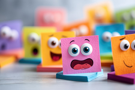 a collection of colorful sticky notes featuring various cartoon faces, showcasing different emotions. The playful design adds a fun and vibrant touch to any workspace or educational setting. ai generated.の素材