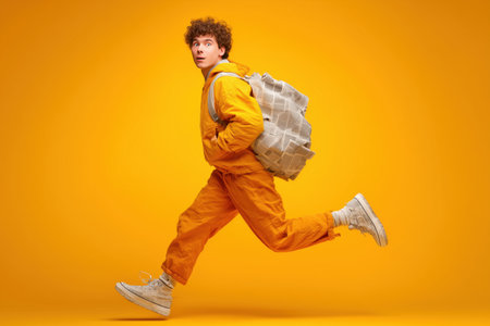 A young man in an orange tracksuit is running energetically against a vibrant yellow background. He carries a backpack, showcasing a lively and dynamic scene. ai generated.の素材