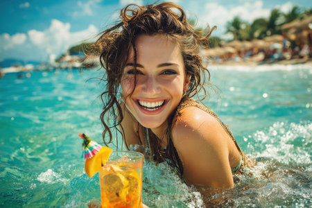 A joyful woman smiles while swimming in the ocean, holding a colorful tropical drink. The scene captures the essence of a perfect beach day with clear water and sunny weather. ai generated.の素材