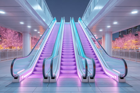 This image features two escalators illuminated with vibrant pink and blue lights in a contemporary urban environment. The setting showcases a blend of modern architecture and artistic lighting, creating a striking visual appeal. ai generated.の素材