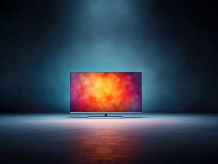 A sleek modern television set displaying a vibrant and colorful abstract image. The background features a dramatic lighting effect, enhancing the visual appeal of the device. ai generated.の素材