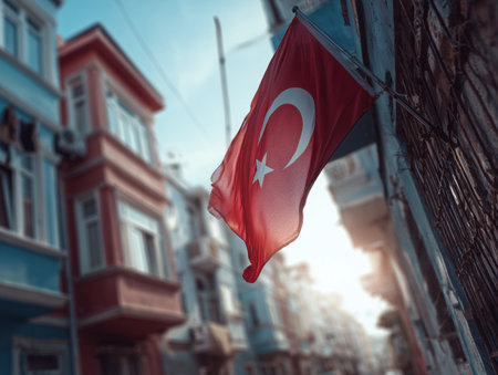 A vibrant Turkish flag waving in a picturesque urban street. The background features charming buildings, creating a warm and inviting atmosphere. ai generated.の素材