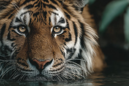 This image features a close-up view of a tiger partially submerged in water, showcasing its striking facial features and intense gaze. The natural habitat adds to the wild beauty of this majestic animal. ai generated.の素材