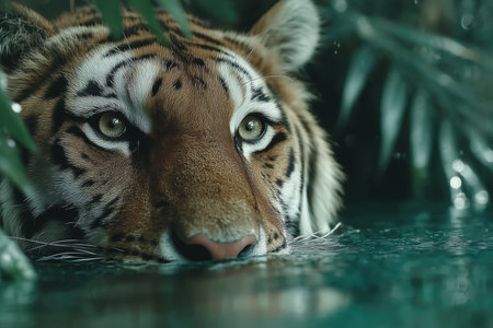 A close-up view of a tiger partially submerged in water, surrounded by lush greenery. The image captures the intense gaze and striking features of the tiger, showcasing its natural habitat. ai generated.の素材