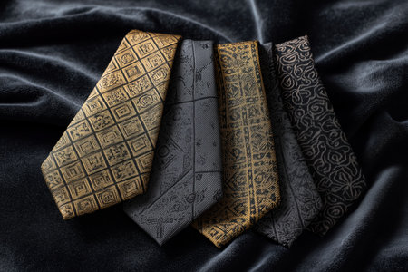 This image showcases a collection of elegant ties featuring intricate patterns and textures, arranged neatly on a dark fabric background. Ideal for fashion-related projects or articles about men's accessories. ai generated.の素材
