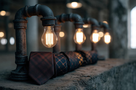 A stylish industrial light fixture made from pipes, featuring vintage bulbs. The fixture is accompanied by a collection of ties, showcasing a blend of modern and classic design elements in an urban setting. ai generated.の素材