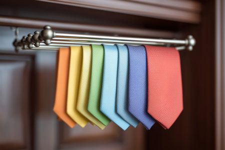 A collection of vibrant ties arranged neatly on a rack. The ties showcase a gradient of colors, adding a touch of style and elegance to any outfit. ai generated.の素材