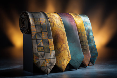 A collection of elegant ties displayed on a stand, showcasing various patterns and colors. The ties are illuminated against a dramatic background, highlighting their textures and designs. ai generated.の素材