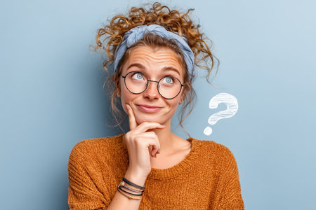 A young woman with curly hair and glasses is pondering a question, looking thoughtful against a blue background. Her expression conveys curiosity and contemplation. ai generated.の素材