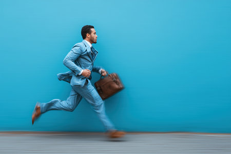 A young businessman in a blue suit is running while carrying a brown briefcase. The vibrant blue background adds a dynamic feel to the image, symbolizing urgency and professionalism. ai generated.の素材