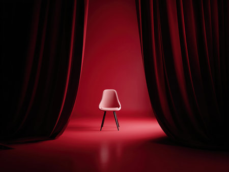 A minimalist red chair is positioned on a stage with rich red curtains, creating a dramatic and artistic atmosphere. The vibrant colors and simple design emphasize the elegance of the chair in a theatrical setting. ai generated.の素材