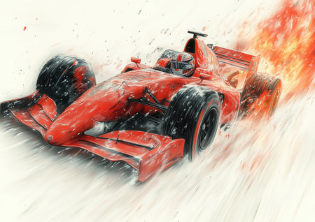 A vibrant illustration of a racing car speeding through a track, creating a dramatic effect with flames and motion blur. The artwork captures the essence of speed and excitement in motorsport. ai generated.の素材