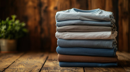 A neatly arranged stack of folded t-shirts in various colors resting on a rustic wooden surface. The background features a blurred plant, adding a touch of greenery to the scene. ai generated.の素材