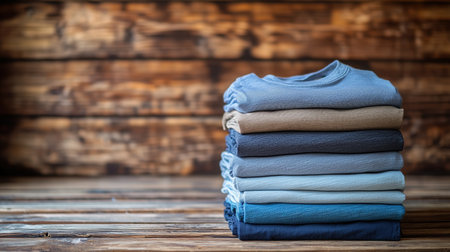 A neatly arranged stack of folded t-shirts in various colors resting on a rustic wooden surface. The image highlights the texture of the fabric and the natural wood grain, creating a warm and inviting atmosphere. ai generated.の素材