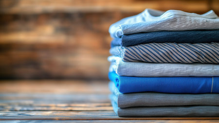 A neatly arranged stack of folded clothes in various colors resting on a rustic wooden surface. The image highlights the textures and patterns of the fabric, creating a warm and inviting atmosphere. ai generated.の素材