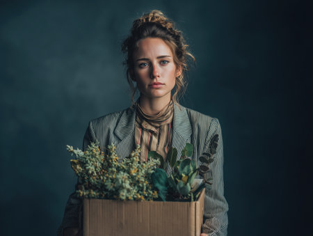 A woman stands with a cardboard box filled with plants, expressing emotions of loss and disappointment. The dark background emphasizes her somber mood after being let go from her job. ai generated.の素材