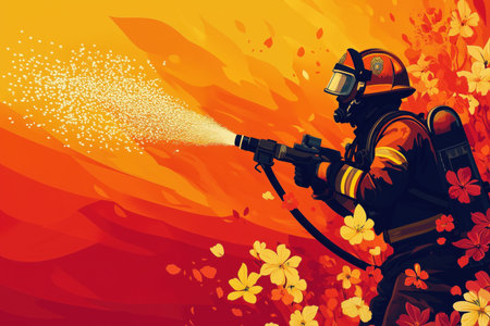 An illustration of a firefighter spraying water amidst vibrant flowers, symbolizing the theme of spreading love and positivity. The warm colors create an uplifting atmosphere. ai generated.の素材