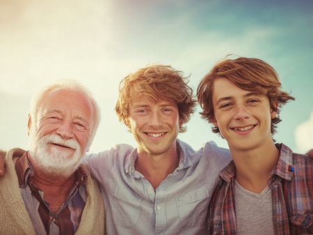 A joyful family portrait featuring three generations of men, showcasing their strong bond and happiness. The image captures a warm moment under a bright sky. ai generated.の素材