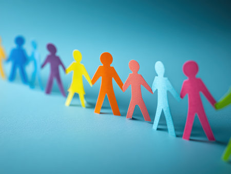 This image features colorful paper cutouts of people holding hands, symbolizing family unity and togetherness. The vibrant colors and playful design evoke a sense of joy and connection. ai generated.の素材