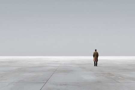 a solitary figure in a coat stands alone in an expansive, gray-toned concrete environment with an overcast sky, evoking themes of isolation, minimalism, and introspection. ai generated.の素材