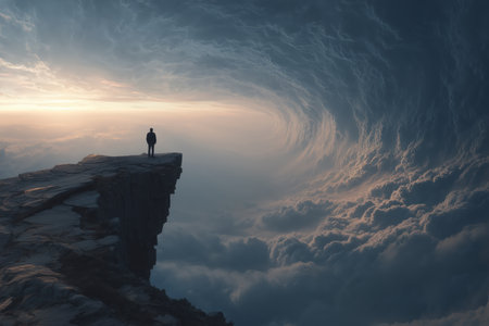 a lone figure stands on the edge of a rocky cliff as a massive spiral cloud vortex opens in the sky, symbolizing awe, insignificance, and the power of nature or the unknown. a dramatic and surreal visual metaphor. ai generated.の素材