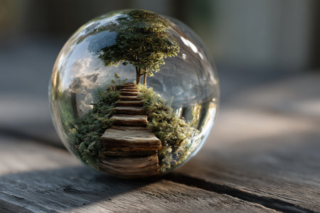 A captivating glass sphere showcases a miniature fantasy world with a pathway leading through lush greenery and a tree. This enchanting scene invites viewers to explore the wonders of imagination and nature. ai generated.の素材
