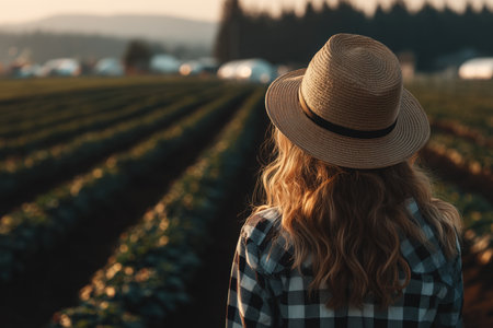 A woman wearing a hat stands in a field, gazing at rows of crops during sunset. The warm light creates a serene atmosphere, perfect for capturing the essence of rural life. ai generated.の素材