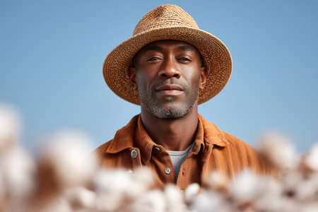 A close-up portrait of a farmer wearing a straw hat and a brown jacket, set against a clear blue sky. The image captures the essence of agricultural life and hard work. ai generated.の素材