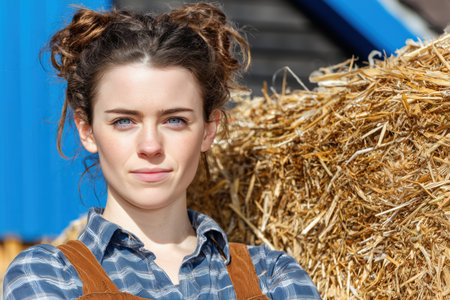 A young woman stands confidently in a farm environment, with hay bales in the background. She is dressed in a plaid shirt and overalls, embodying a rural lifestyle. ai generated.の素材
