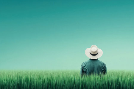 A farmer wearing a hat sits quietly in a lush green field, gazing at the clear blue sky. This serene landscape captures the essence of rural life and tranquility. ai generated.の素材